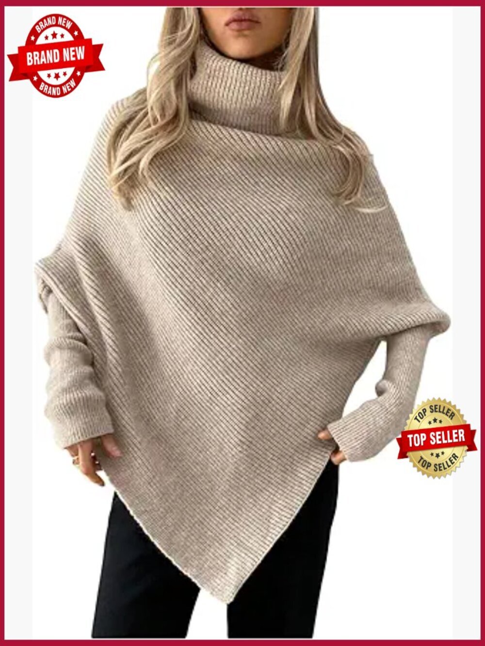 Turtleneck Asymmetrical Poncho Sweater Dolman Long Sleeve Oversized Knit